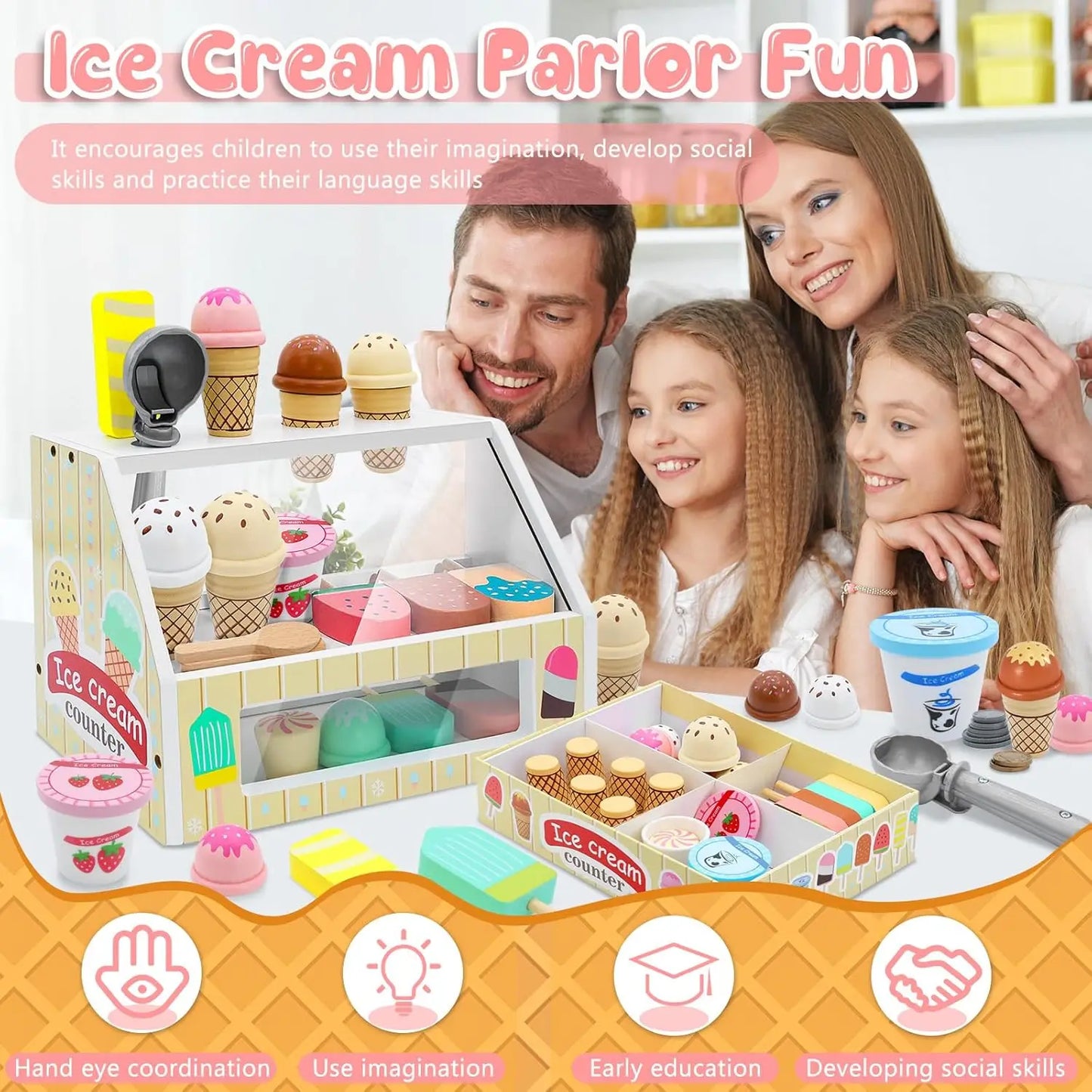 Childrens ice cream parlor activity toy, multi-colored, promoting role play and math learning.