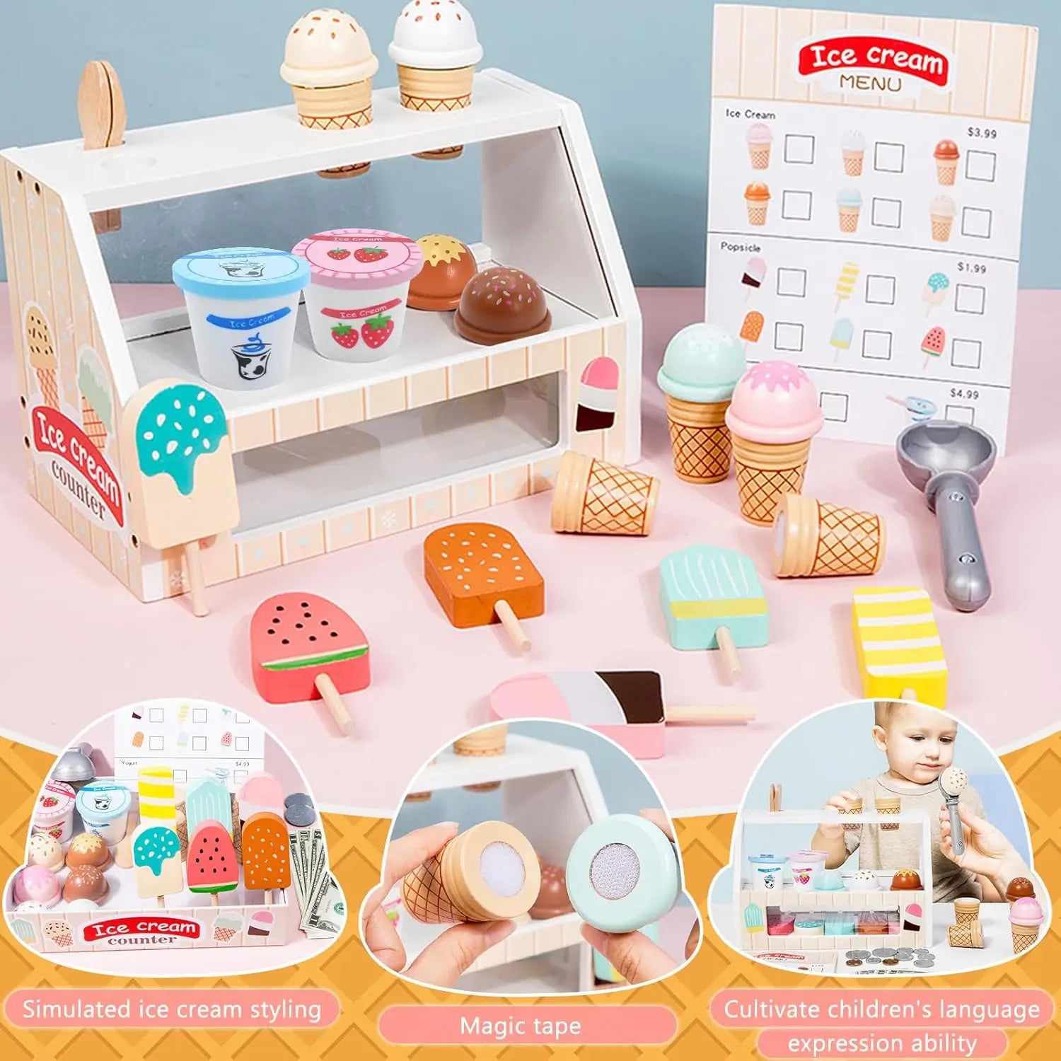 Wooden ice cream shop play set, educational toy for kids, encouraging counting and social skills.