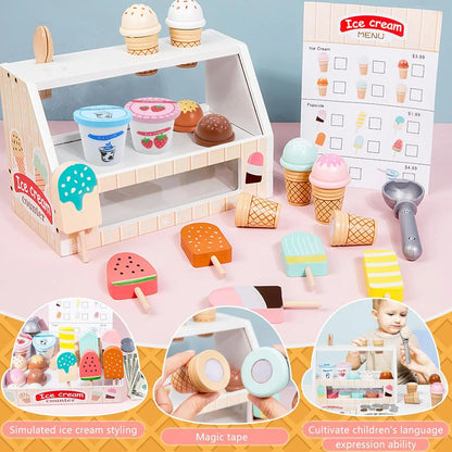 Wooden ice cream shop play set, educational toy for kids, encouraging counting and social skills.