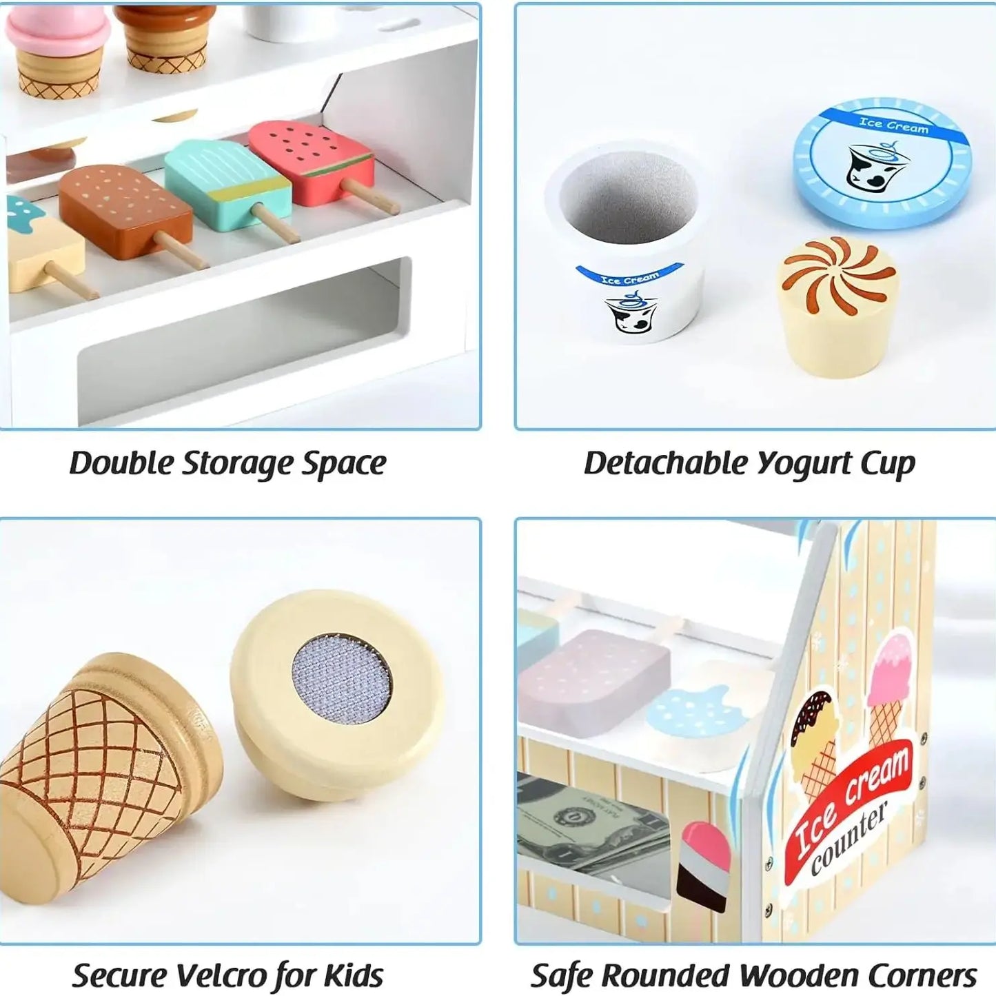 Educational ice cream shop activity toy with scoops and cones, ideal children's gift, wooden.
