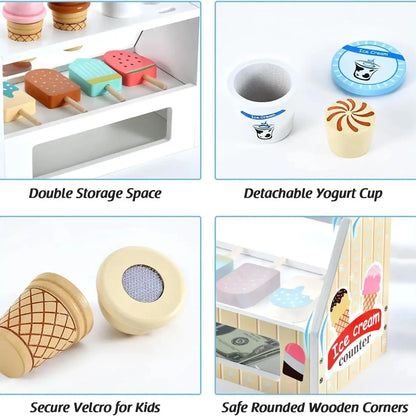 Educational ice cream shop activity toy with scoops and cones, ideal children's gift, wooden.