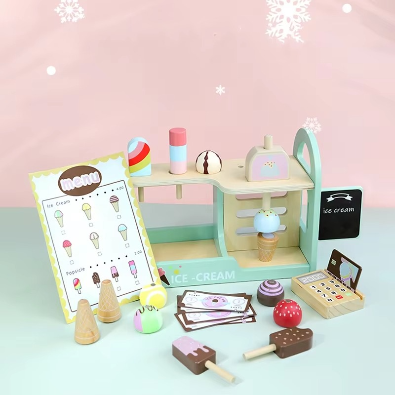 Colorful ice cream shop play set, an educational wooden toy for kids to develop math and social skills.