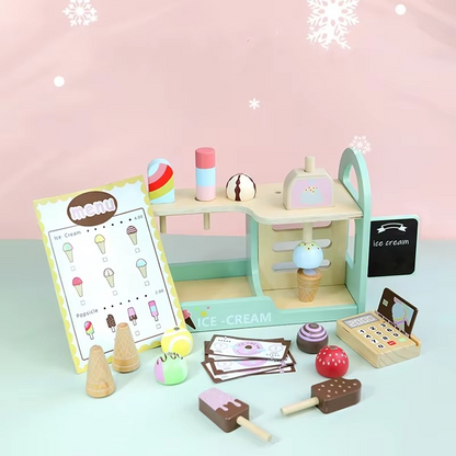 Colorful ice cream shop play set, an educational wooden toy for kids to develop math and social skills.