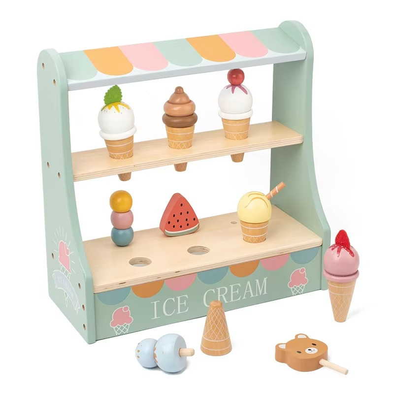 Children's pretend play ice cream parlor, complete with various flavors, excellent for math lessons.