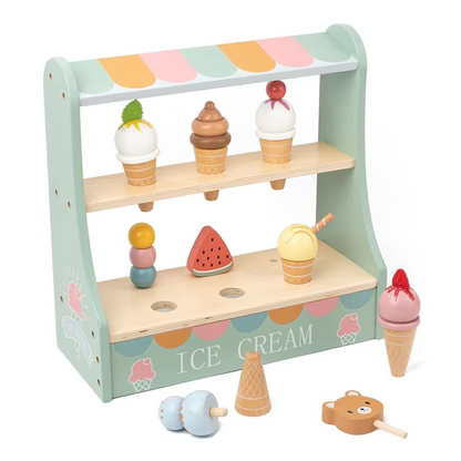 Children's pretend play ice cream parlor, complete with various flavors, excellent for math lessons.