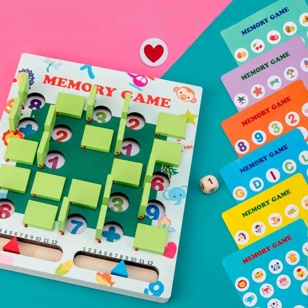 Family game: A child playing with a vibrant wooden memory educational toy, enhancing concentration