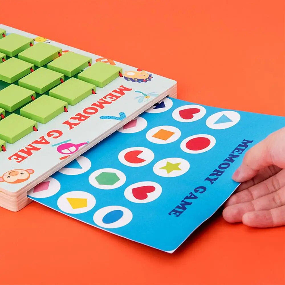 Close-up of a wooden memory game educational toy with various shapes, promoting kids' cognitive skills