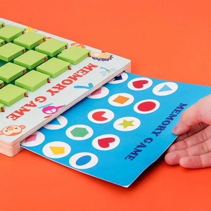 Close-up of a wooden memory game educational toy with various shapes, promoting kids' cognitive skills