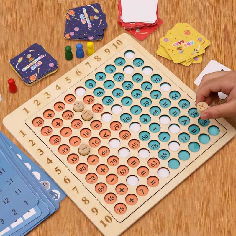 Kids' educational wooden multiplication and addition board game for early math learning
