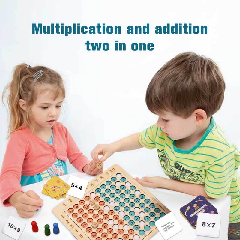 Montessori-inspired wooden math game teaching multiplication and addition to children