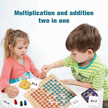 Montessori-inspired wooden math game teaching multiplication and addition to children