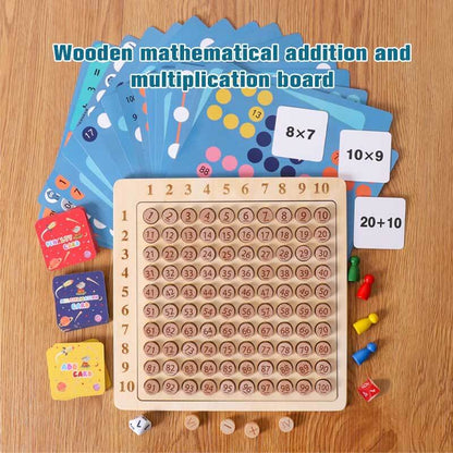 Colorful children's educational board game with multiplication and addition problems