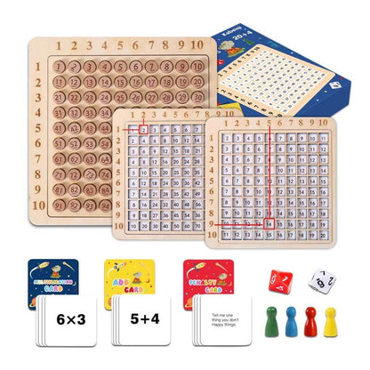 Close-up of a kids' wooden math board game for learning multiplication and addition skills