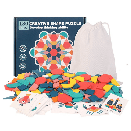 Kids' educational wooden puzzle with geometric shapes for early learning and creative play