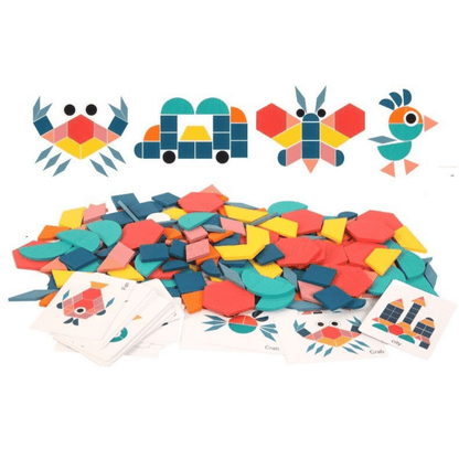 Vibrant geometric shape wooden puzzle, an engaging educational toy for kids' creative play