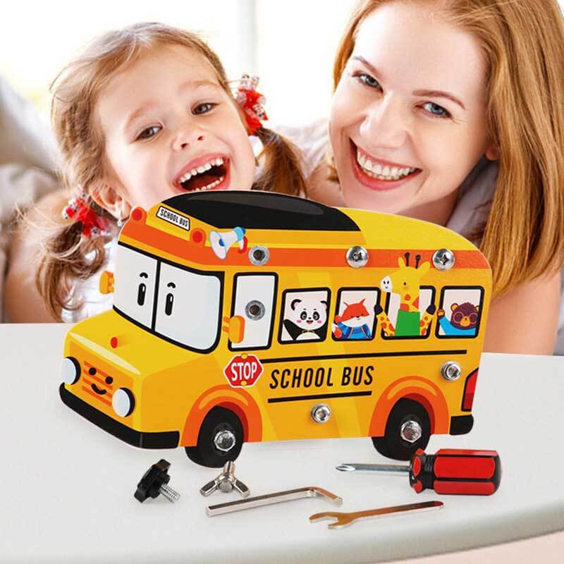 Kids' educational wooden school bus repair toy set, promoting fine motor skills & learning