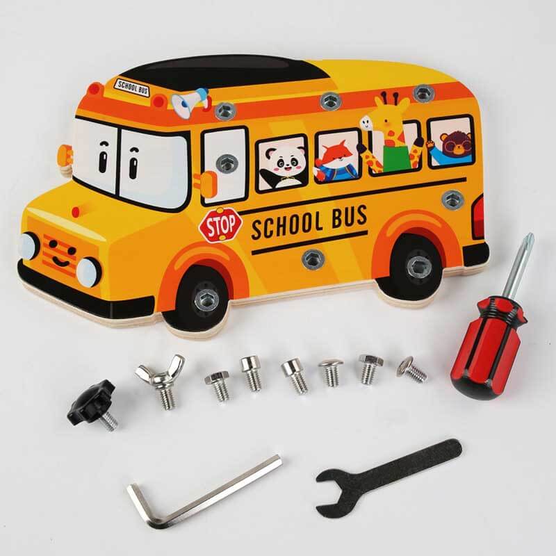 Educational school bus repair toy for kids, featuring durable wooden pieces for hands-on learning