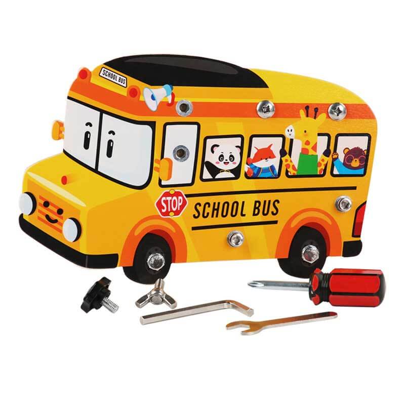 Colorful wooden school bus repair toy, an educational construction set for young children