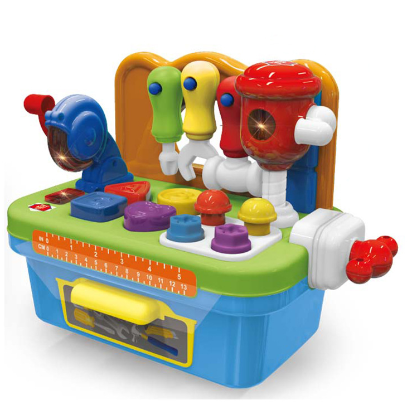 Childrens' pretend play workbench with various educational tools and an illuminated work surface