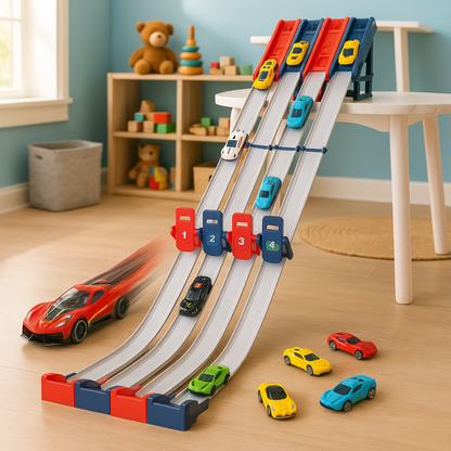Kids' Ejection Race Track Toy with Suction Base, featuring two colorful cars and launcher