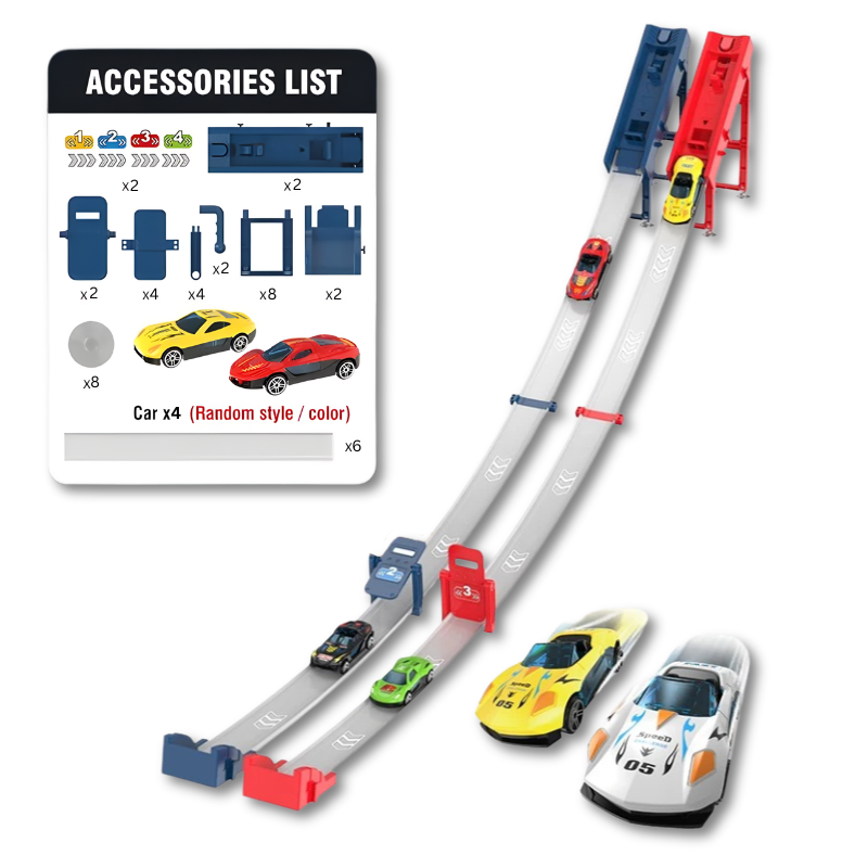 Brightly colored Ejection Race Track for children, showing a car mid-air after launch