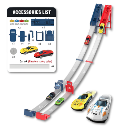 Brightly colored Ejection Race Track for children, showing a car mid-air after launch