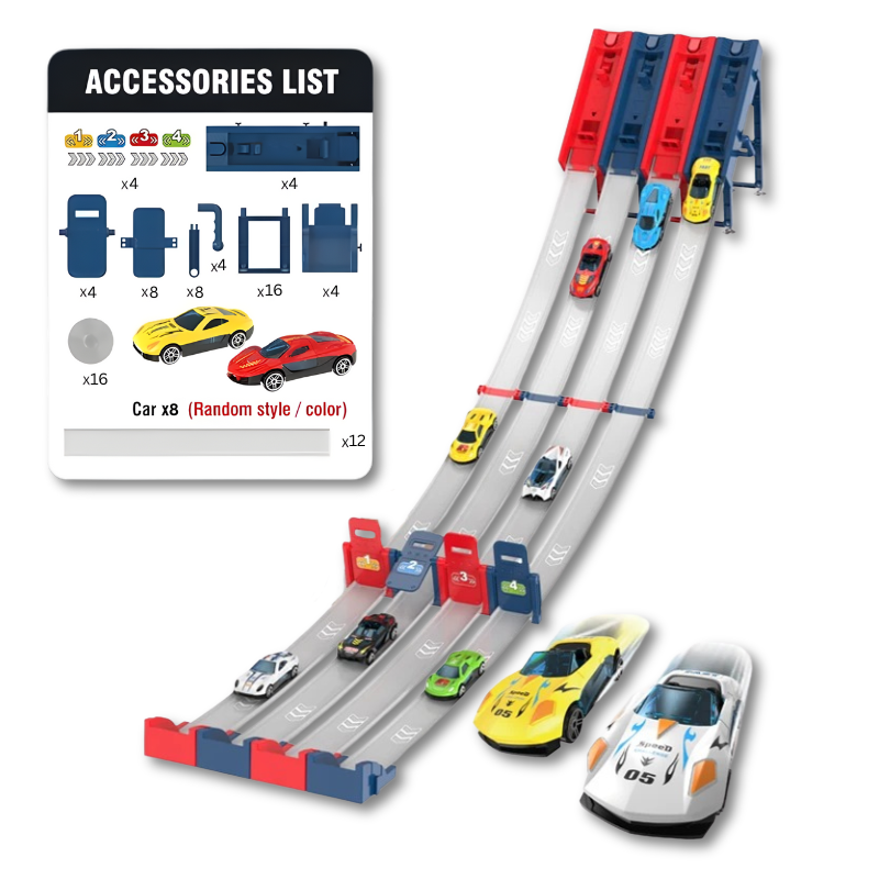 Action shot of a kids' vehicle toy on an Ejection Race Track, perfect for young racers
