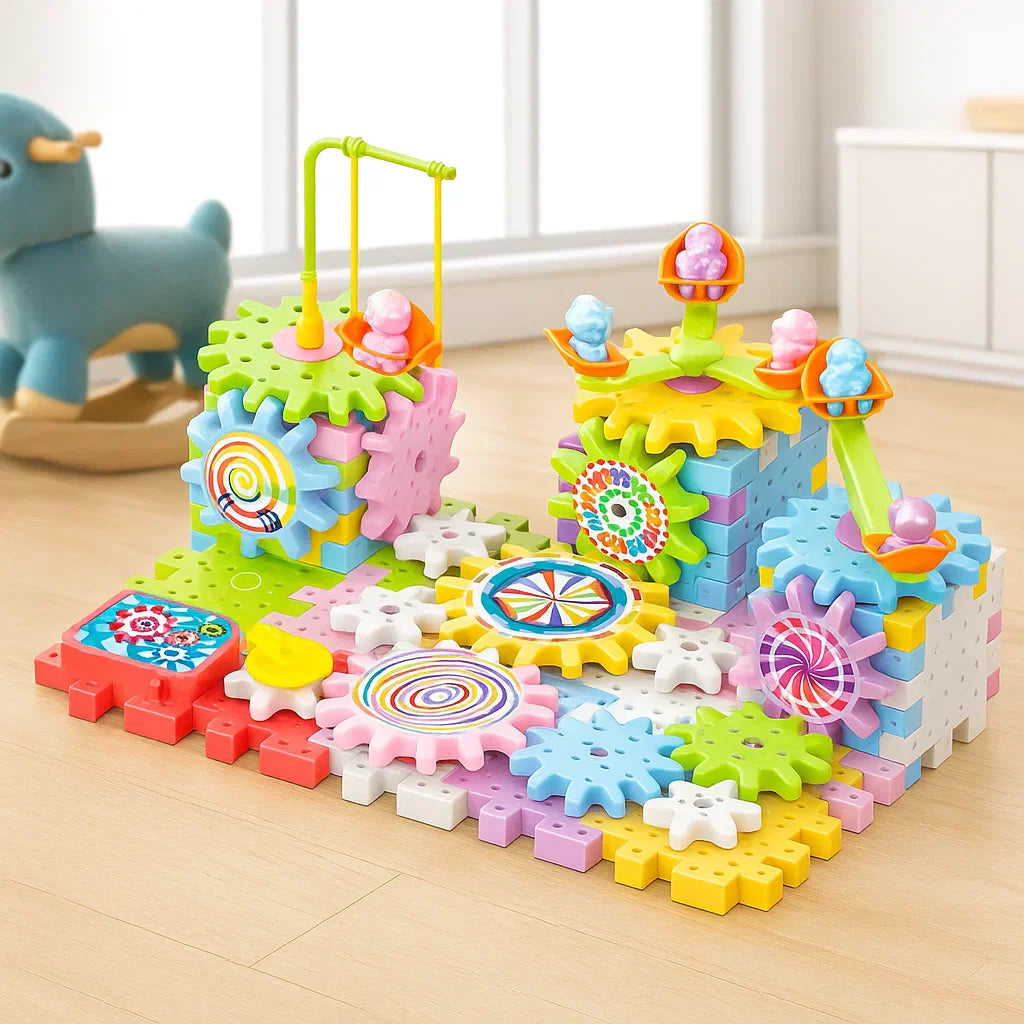Kids electric building blocks set with colorful gears, engaging STEM learning for children's interactive play