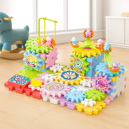 Kids electric building blocks set with colorful gears, engaging STEM learning for children's interactive play