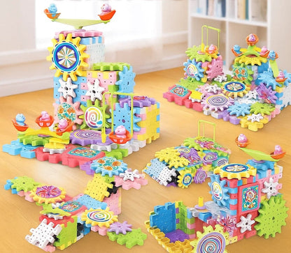 Children's electric building blocks set featuring interlocking gears, perfect STEM toy gift for learning