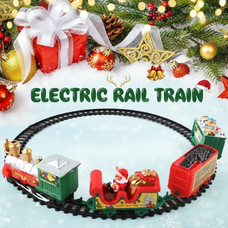 Family fun electric Christmas train with light-up locomotive and cars on tracks