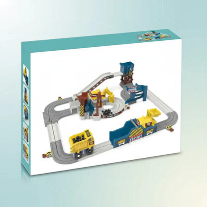 Kids' Electric Construction & Race Track Set with colorful building blocks and a car on the track