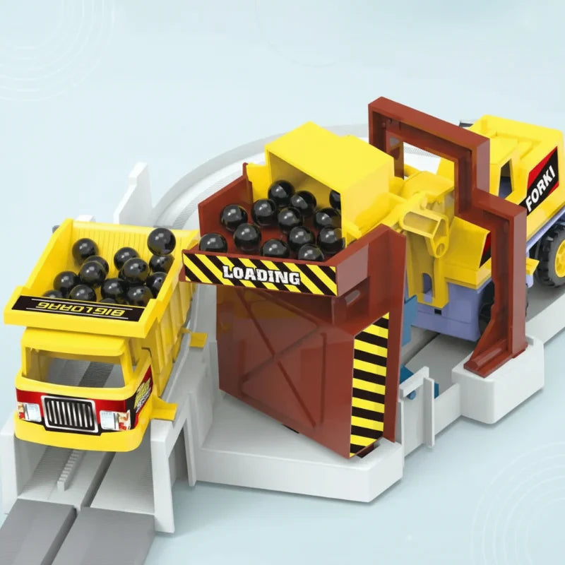 Dynamic view of an electric car racing on the Kids' Construction & Race Track Set, interactive toy