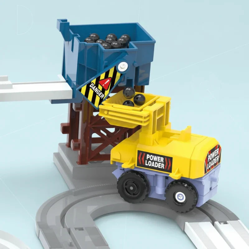 Children collaborating to build a complex track with the Electric Construction & Race Track Set, educational play