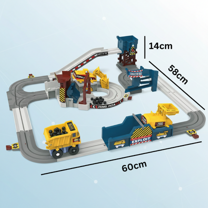 Packaging of the Kids' Electric Construction & Race Track Set, highlighting ages 3+ and activity toy