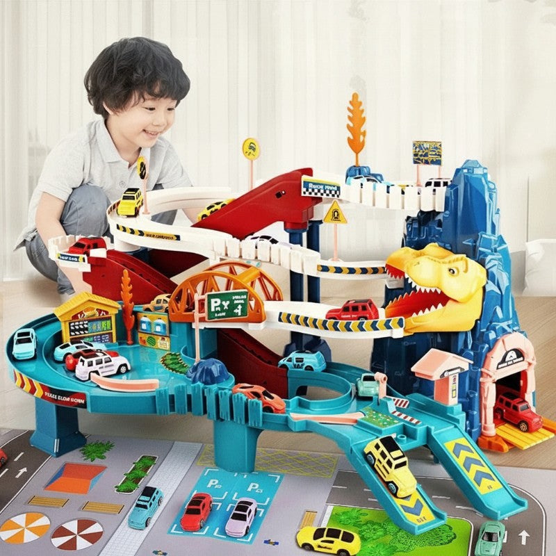 Kids' electric dinosaur race track set with cars and dino figures