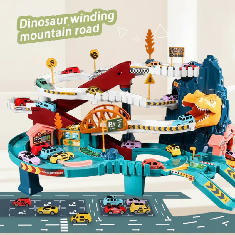 Dinosaur race track kit featuring green plastic tracks & toy cars