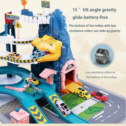 Children building an educational dino race track activity toy