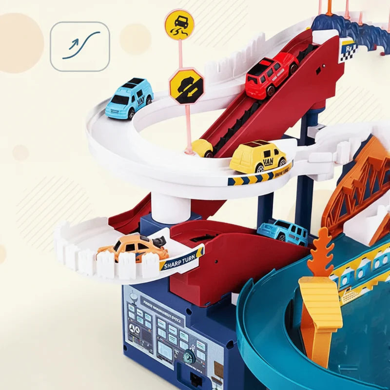 Dinosaur themed car track with electric cars for kids' fun