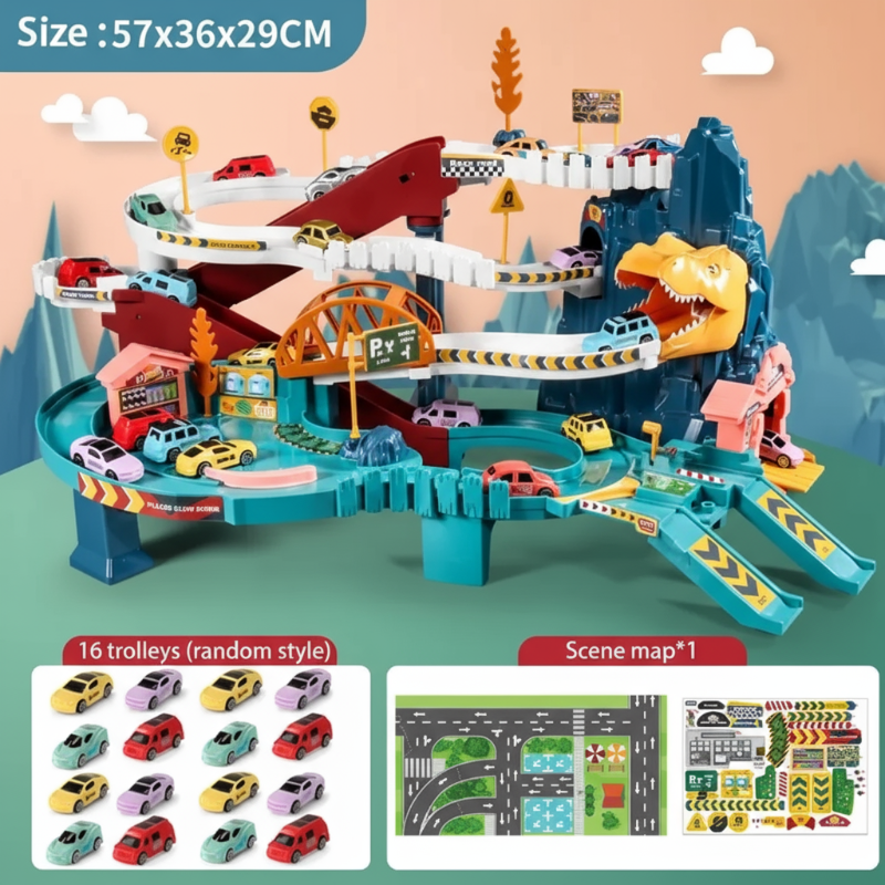 Building blocks of a dinosaur race track game for educational play