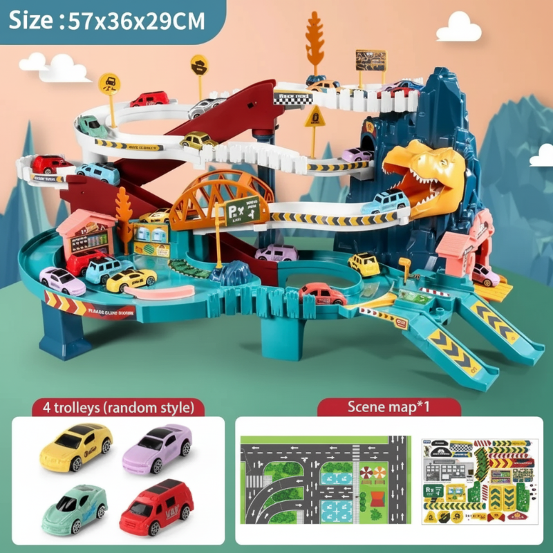 Dino cars on an assembled race track, vibrant and engaging