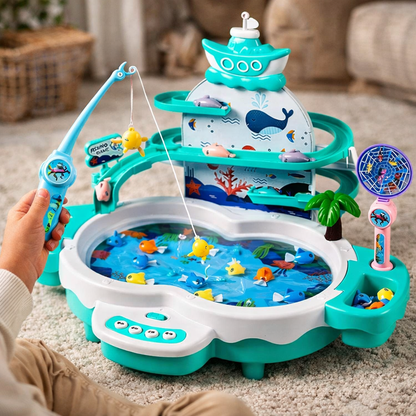 Kids electric fishing game in pink & green with music, an interactive preschool toy for motor skill development.