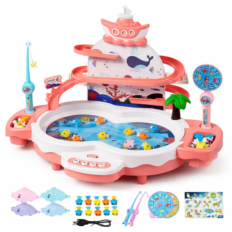 Close-up of pink and green electric fishing game for kids, promoting motor skills with fun music.