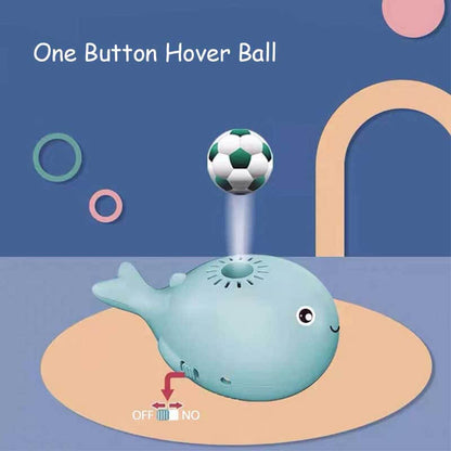 Close-up of a blue electric whale hover ball toy, USB rechargeable for indoor play fun