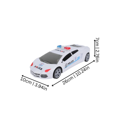 Durable ABS plastic police car toy for kids, featuring flashing lights and musical sounds