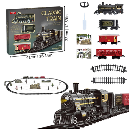 Colorful children's toy train set, an electric steam engine replica with working lights and sound effects