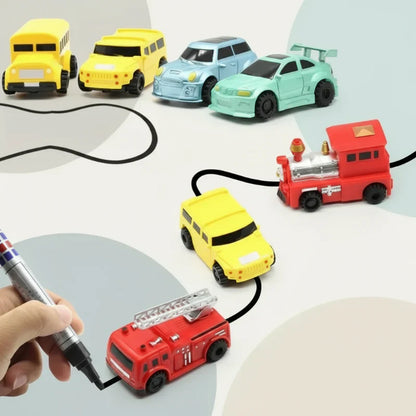 Kids' electric toy car following a black line drawn by a magic pen, interactive play