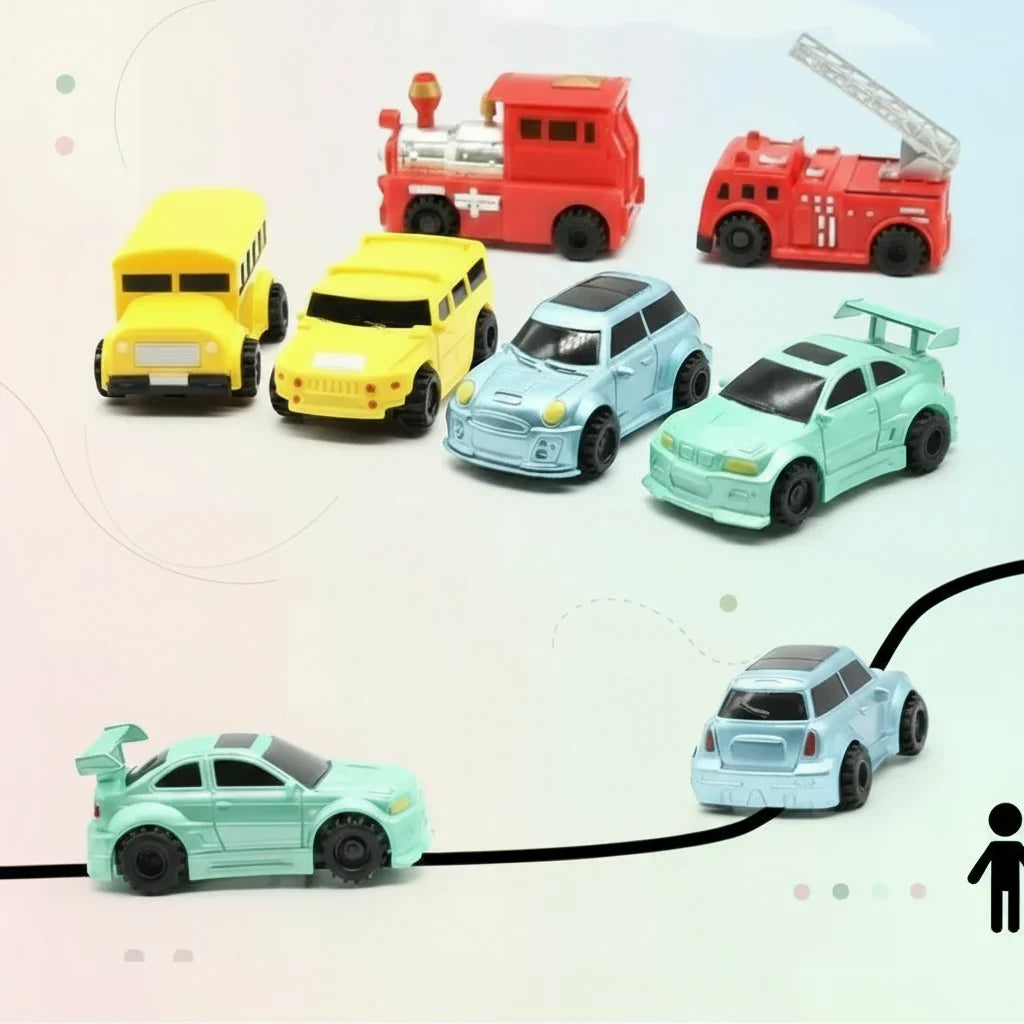 Interactive kids' toy car moving on a white surface, guided by a thick black line