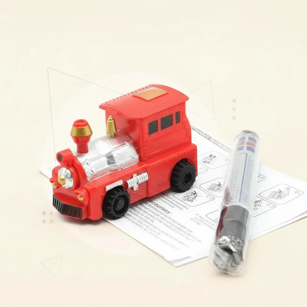 Close-up of a brightly colored magic pen toy car for kids, ready for creative play