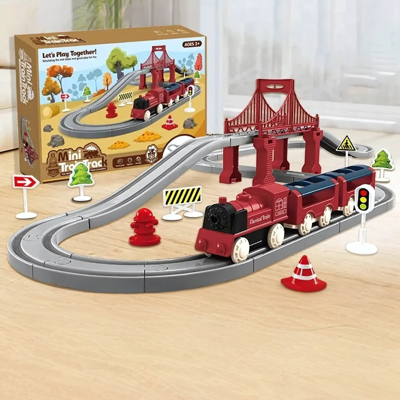Kids' electric toy train track building set with colorful pieces, promoting motor skills and creative play